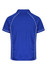 A blue polo shirt featuring contrasting white stitching and a logo on the chest. Back view displayed.