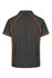 A grey polo shirt with orange piping and a branding logo on the back.