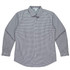 A long sleeve button-up shirt featuring a checkered pattern in shades of black and white. It has a collar and cuffs.