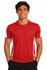 A red T-shirt with white side stripes, featuring a logo, modelled by a smiling man.