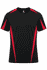 A black T-shirt with red stripes on the shoulders and sides, featuring a logo on the upper front.