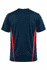 A navy t-shirt featuring red side panels and a logo on the fabric.