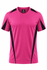A pink t-shirt with black accents and a logo on the chest, featuring short sleeves and a casual fit.