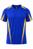 A blue and yellow men's t-shirt featuring contrasting panels and a logo.