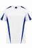 A white t-shirt featuring blue side panels and short sleeves, with a logo on the collar.