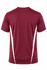 A maroon men's t-shirt featuring white side stripes and a logo on the back. Short sleeves and a sporty design.
