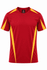 A red t-shirt with yellow side panels and a logo on the chest. Suitable for casual wear or sports activities.