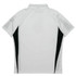 A white polo shirt with black side panels and a collar. It features branding on the fabric.