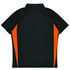 A black polo shirt with orange side panels and a collar, featuring a logo.