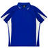 A blue polo shirt featuring white side panels and a collar, with a logo on the collar area.