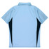 A light blue polo shirt featuring dark side panels and a collar, with a logo on the front.