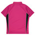 A pink polo shirt with black side panels and a collar, featuring a logo on the back.