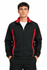A black track jacket with red stripes, featuring a zip front and a logo on the chest.