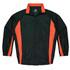 A zip-up tracktop in dark green with orange side stripes and a collar. Features a logo on the chest.