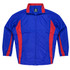 A blue and red tracktop featuring a zip front and a high collar, with long sleeves and a logo.