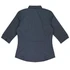 A dark grey button-up shirt with 3/4 sleeves and a fitted design, featuring a collar and a logo.