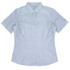 A short-sleeve, striped shirt in light blue and white with a collar, featuring a logo on the upper label.