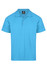 A turquoise polo shirt with a collar and three buttons, featuring a branding logo.