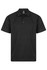 A black polo shirt with a collar, short sleeves, and a logo on the upper part.