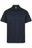 A navy blue polo shirt with a collar and short sleeves, featuring a logo on the chest.