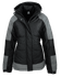 A black and grey jacket with a hood and a zip front, featuring a logo on the chest.