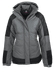 A women's jacket in grey with black accents, featuring a hood and zippered front, with branding.