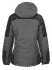 A jacket in grey with black accents, featuring a hood and a back view design. It has a logo.