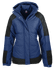 A navy blue jacket with black panels and a hood, featuring a zip closure and pockets.