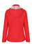A red soft shell jacket with a hood, featuring a plain back and minimalist design. It has a logo displayed.