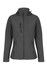 A women's soft shell jacket in dark grey, featuring a hood and zippered pockets, with a branding logo.