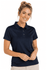 A navy polo shirt for women, featuring a collar and three buttons, with a logo on the chest.