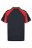A polo shirt featuring a navy body with red and yellow accents, designed for kids. It includes a logo on the front.
