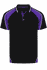 A black polo shirt with purple accents and a collar, featuring short sleeves and a logo.