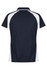 A navy polo shirt with white side panels and a collar. The shirt features branding on it.