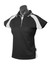 A black polo shirt with white accents and a logo, designed for women. Features a collar and short sleeves.