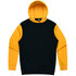 A black and yellow hoodie featuring a front pocket and a hood, with a logo on the inside label.