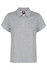 A grey polo shirt with short sleeves and a collar, featuring a branding logo.