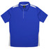 A blue polo shirt with white side panels and a collar, featuring a logo on the upper back.