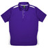 A purple polo shirt featuring white side accents and a collar, with a logo on the tag.