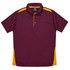 A maroon polo shirt featuring yellow accents and a collar, with a logo on the tag.
