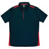 A polo shirt featuring a navy body with red accents and a collar, designed for men's fashion.