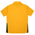 A yellow polo shirt featuring black side panels and a collar, with a logo on the front.