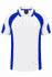A white polo shirt with blue accents and a logo on the chest area. Suitable for casual wear.