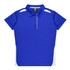 A blue polo shirt with white side panels and a collar, featuring a logo on the front.