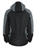 A men's jacket featuring a predominantly black design with grey accents and a hood, showcasing the back view.