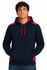A navy hoodie with red accents, featuring a front pocket and a hood, with a logo present.