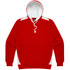A red hoodie featuring a white hood and side panels, with a front pocket and a logo.