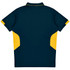 A navy blue polo shirt with yellow side panels and a logo. The shirt features a classic collar and short sleeves.