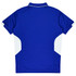 A blue polo shirt featuring white side panels and a collar, with branding on the front.