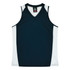 A dark navy singlet with white side panels and a V-neck design. It features a logo.